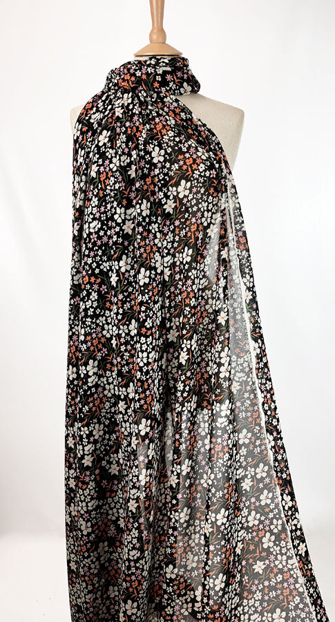 Printed Black Chiffon Polyester  Multicoloured Pink Orange Floral Dress 2