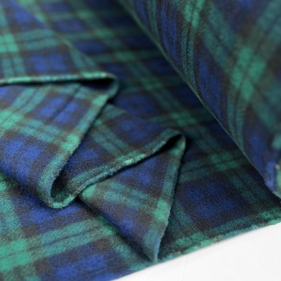 Printed Polyester Fleece Fabric Blue Green Tartan Blackwatch Fold