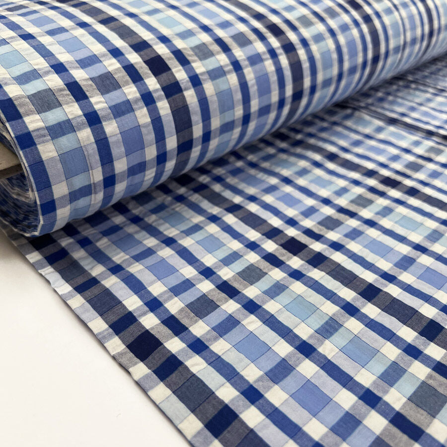 Proper Seersucker All The Blue Check Cotton Navy White Puckered Dress Fabric Bolt