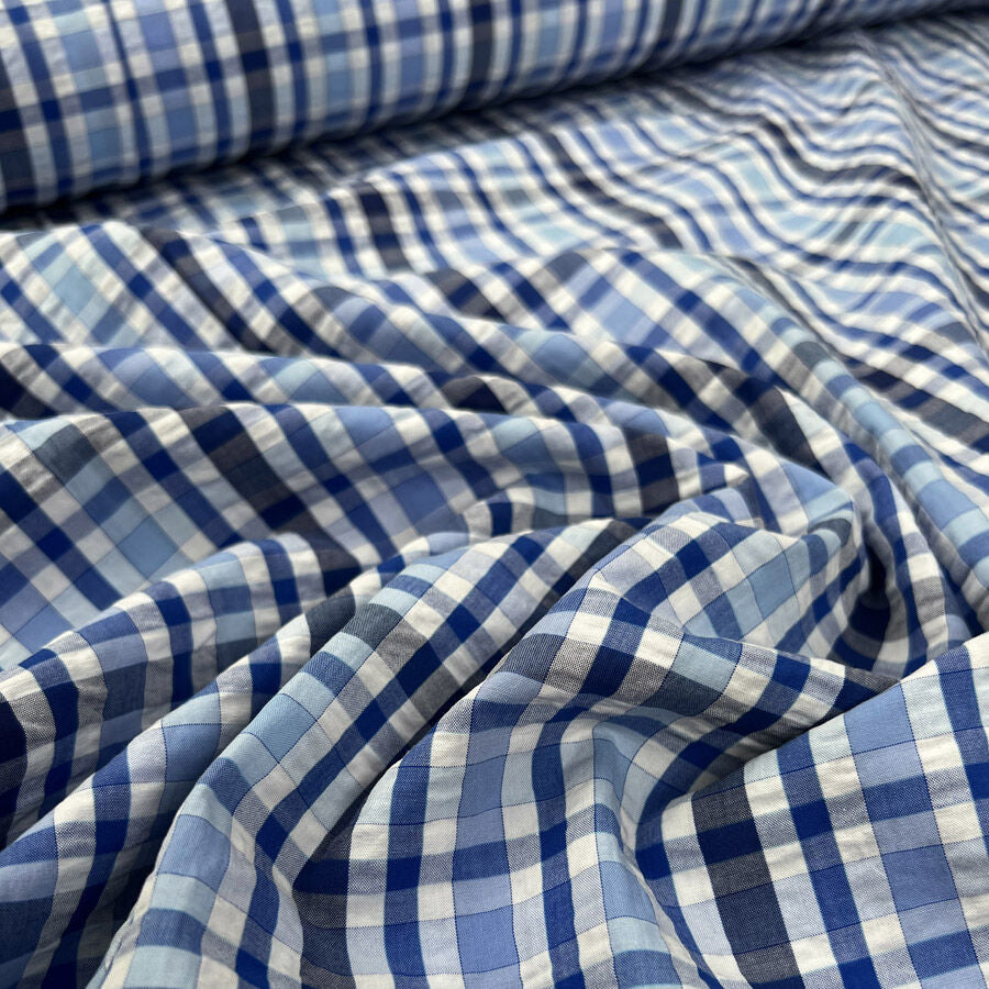 Proper Seersucker All The Blue Check Cotton Navy White Puckered Dress Fabric