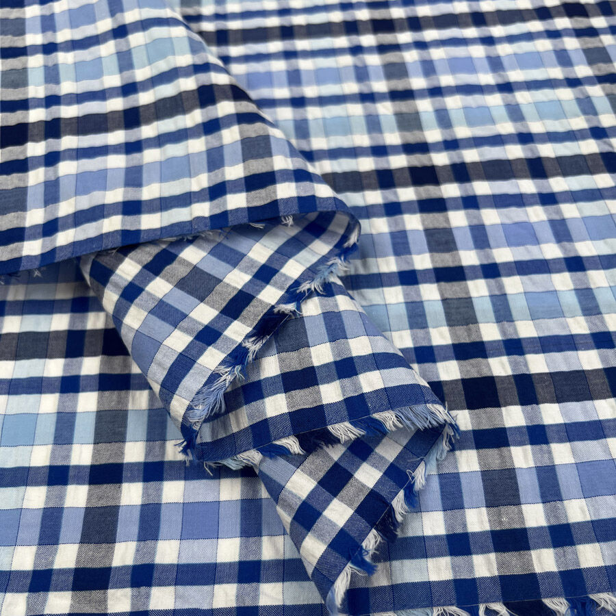 Proper Seersucker All The Blue Check Cotton Navy White Puckered Dress Fabric Fold