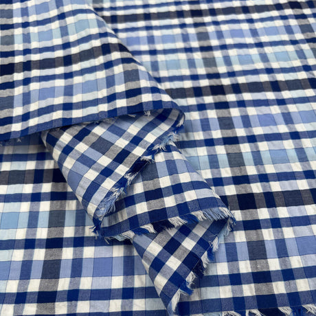 Proper Seersucker All The Blue Check Cotton Navy White Puckered Dress Fabric Fold