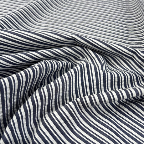 Proper Seersucker Indigo Stripe Cotton White Woven Dress Fabric