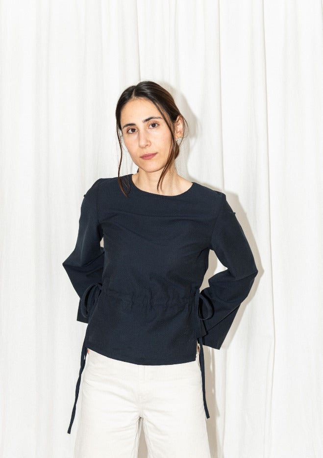 Puff pencil tie waist blouse cone sleeve 1