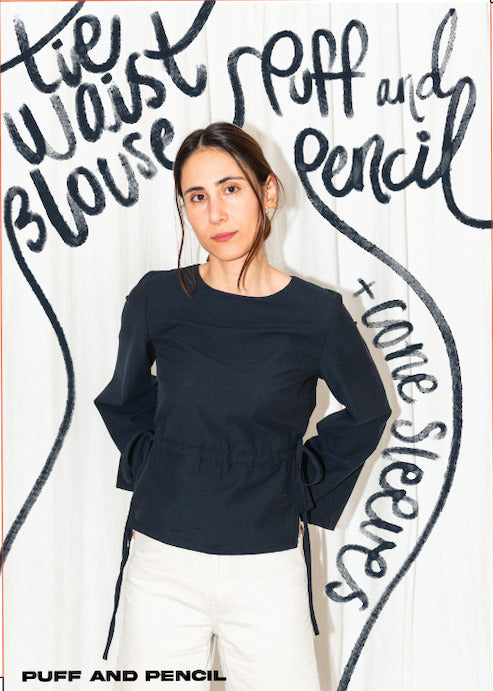 Puff pencil tie waist blouse cone sleeve cover