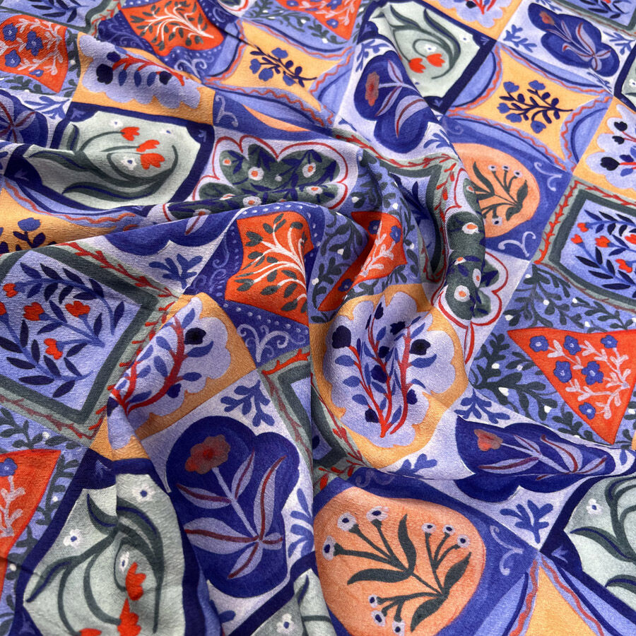 Purple Patch Viscose Crepe French Abstract Square Print Dress Fabric