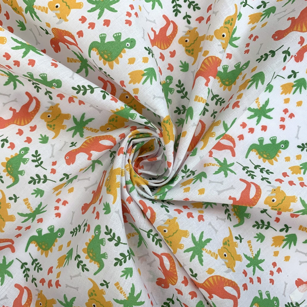 Put The Kettle On Disco Dino White Superior Quality Polycotton Fabric White Dinosaurs Swirl