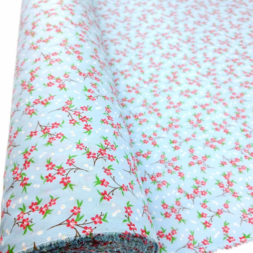 Put The Kettle On Orchid Pale Blue Floral Designed Poly Cotton Craft Fabric Pattern Fabric Photo