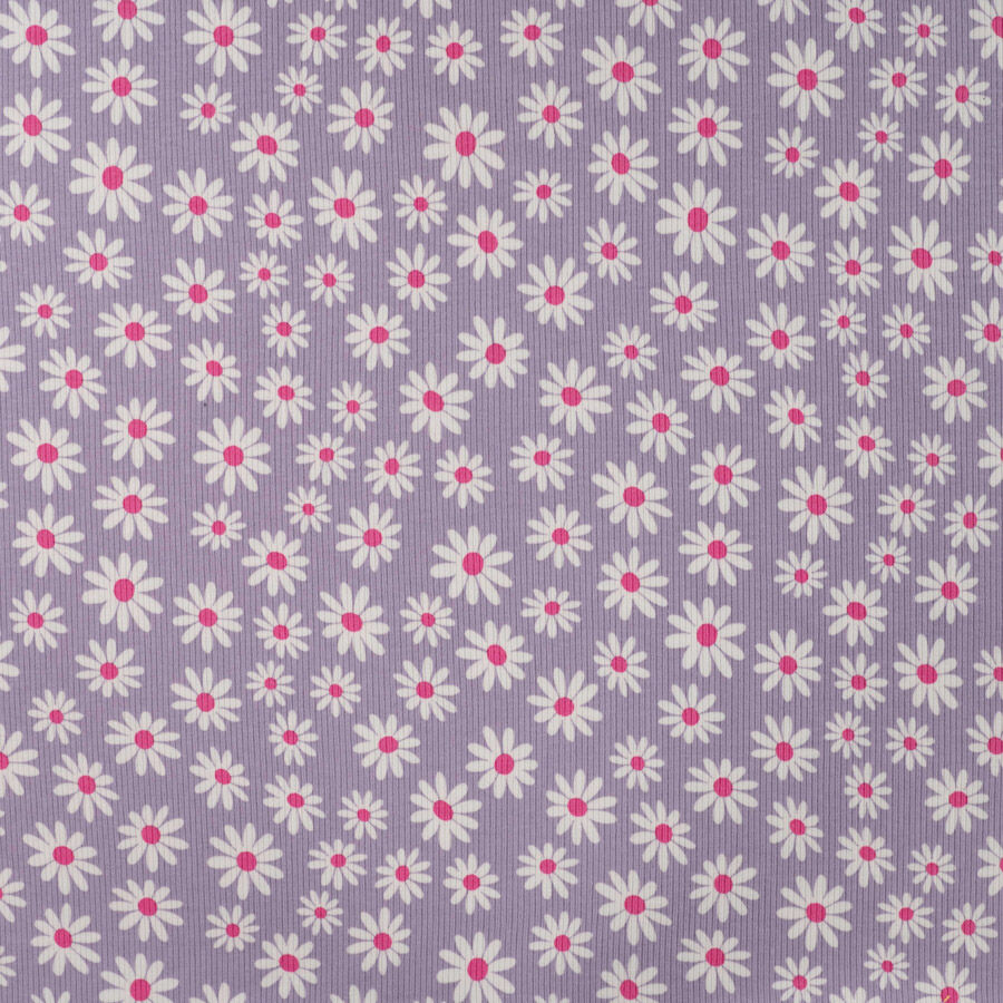 Qjutie Cotton Elastane Lilac Floral Print Rib Fabric Daisy K47054 430