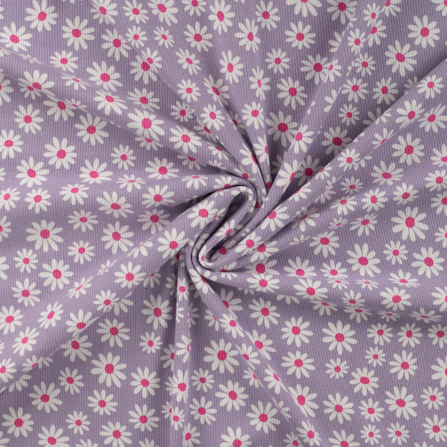 Qjutie Cotton Elastane Lilac Floral Print Rib Fabric Daisy K47054 430 Twist