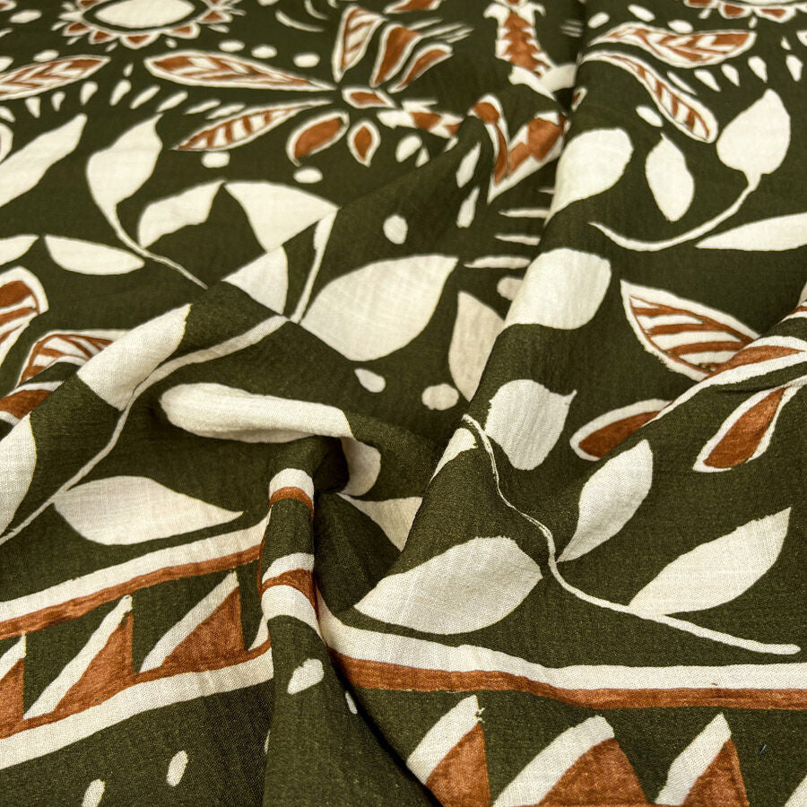 Queen Bee Viscose Polyamide Green Orange White Floral Leaf Printed Dress Fabric