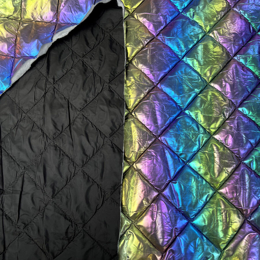 Quilted Iridescence Diamond Polyester Black Purple Blue Wadded Coating Fabric