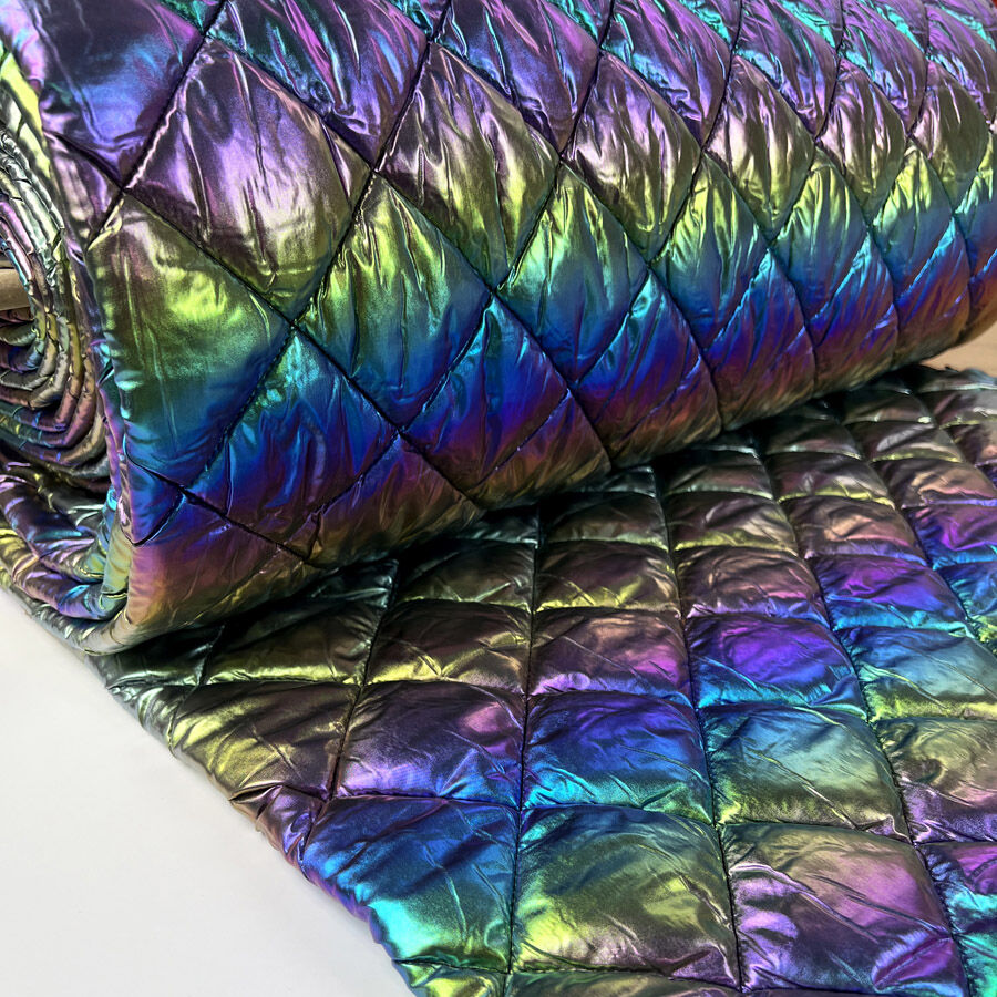 Quilted Iridescence Diamond Polyester Black Purple Blue Wadded Coating Fabric Bolt
