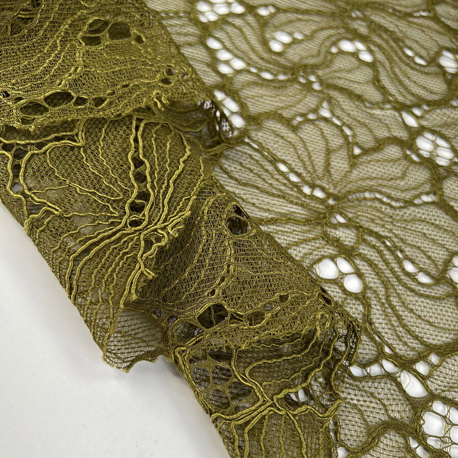 Recycled Lace Moss Green Polyester Floral Woven Dress Fabric Fold