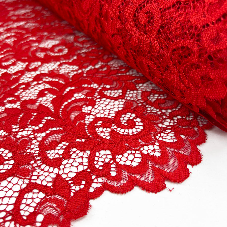 Red Floral Dressmaking Fabric Double Scallop Lace Scarlet Roll