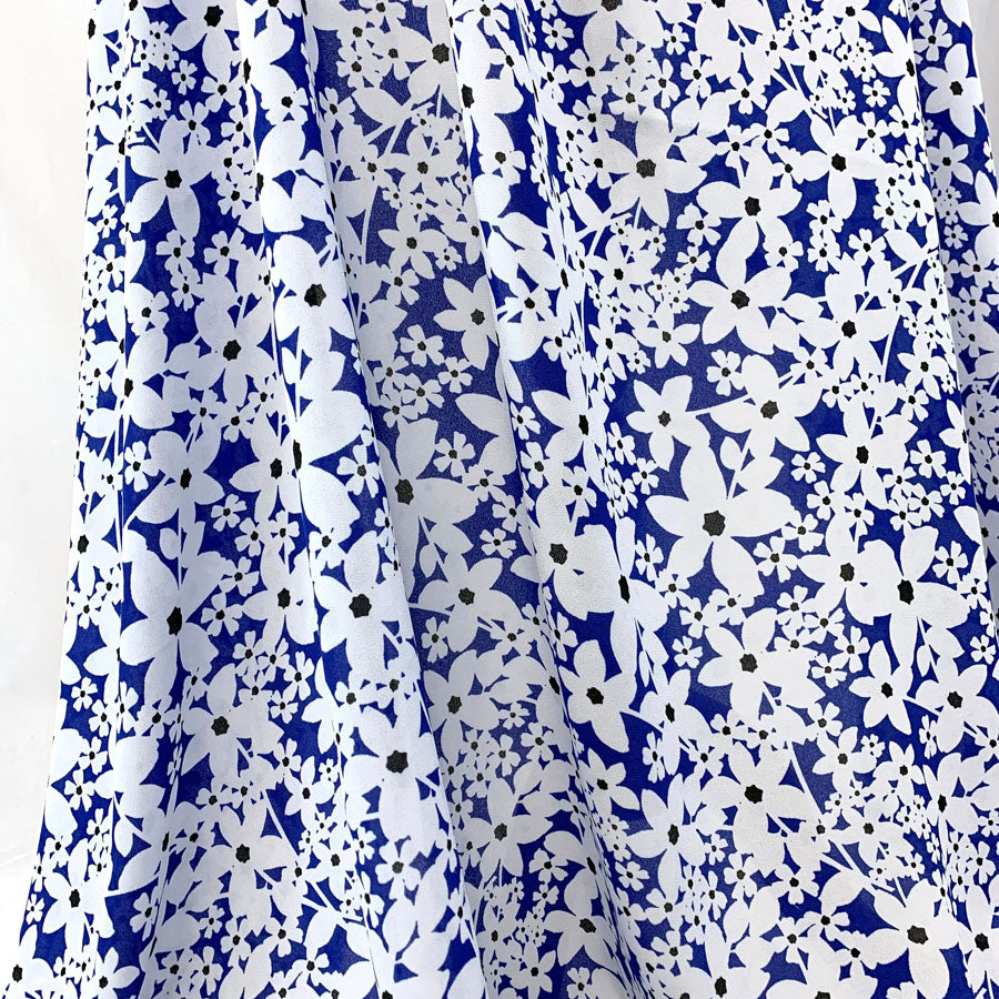 Refreshed Royal Blue Polyester Voile Floral Dress Fabric Close Up Drape Fabric Photo