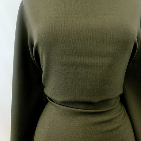 Reign Marvin Woollen Polyester Mix Khaki Ribbed British Suiting Fabric Close Up Manequin Drape Fabric Photo