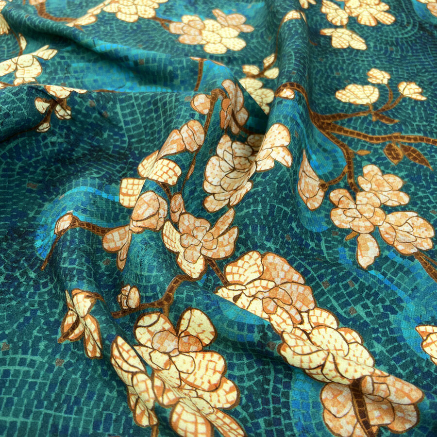 Resort Satin Kimtee Viscose Floral Abstract Woven Blue Dress Fabric