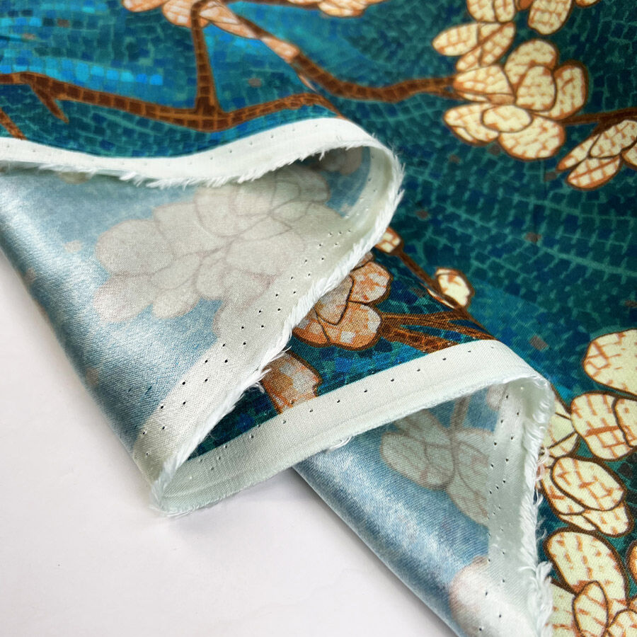 Resort Satin Kimtee Viscose Floral Abstract Woven Blue Dress Fabric Fold