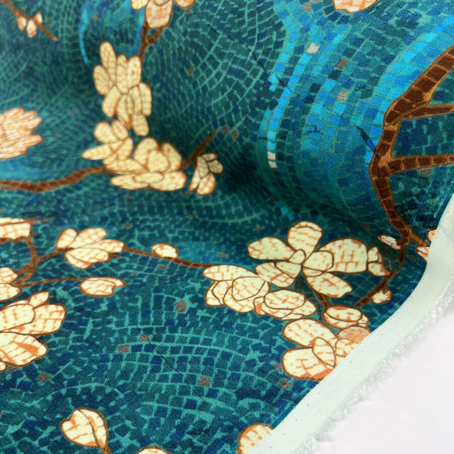 Resort Satin Kimtee Viscose Floral Abstract Woven Blue Dress Fabric Roll
