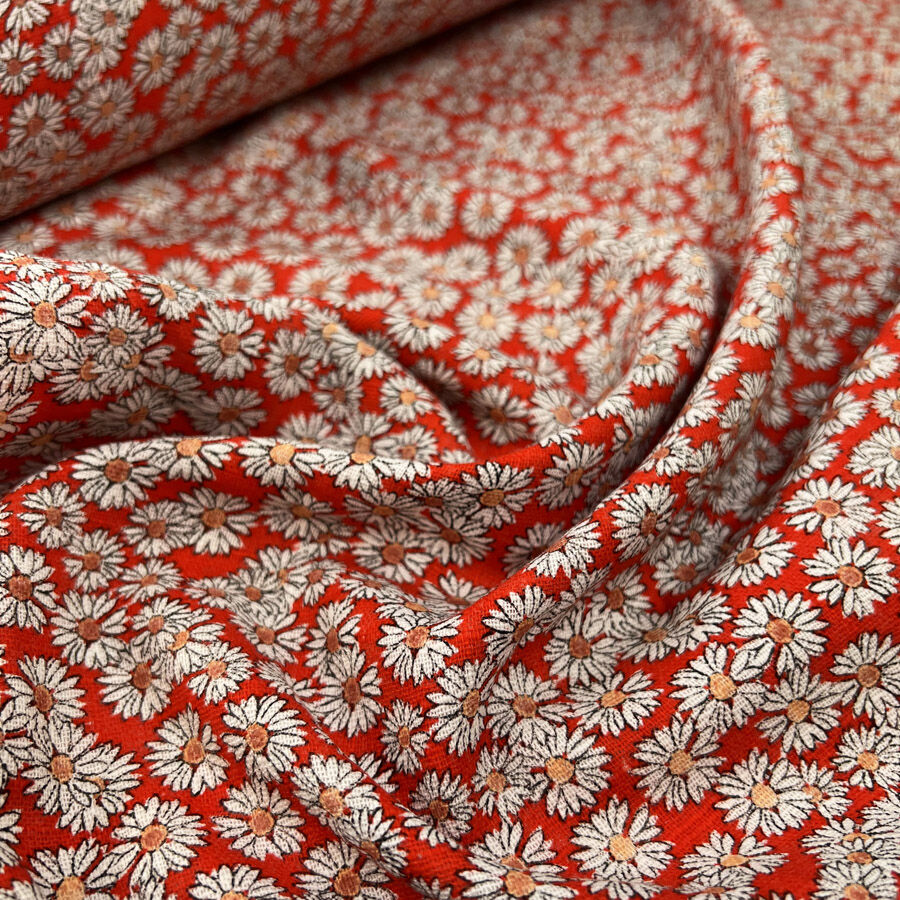 Retro posy cotton viscose red white floral daisy print dress fabric cu