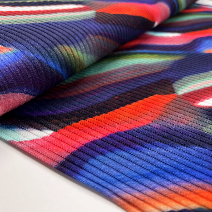 Ribbed jersey cosmic navy abstract red multicoloured cotton elastane knit fabric bolt