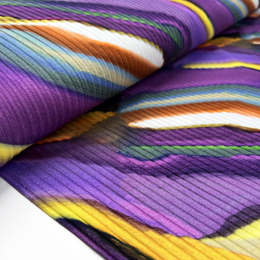 Ribbed jersey cosmic purple abstract multicoloured cotton elastane knit fabric bolt