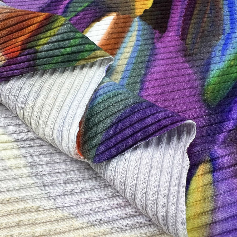 Ribbed jersey cosmic purple abstract multicoloured cotton elastane knit fabric fold