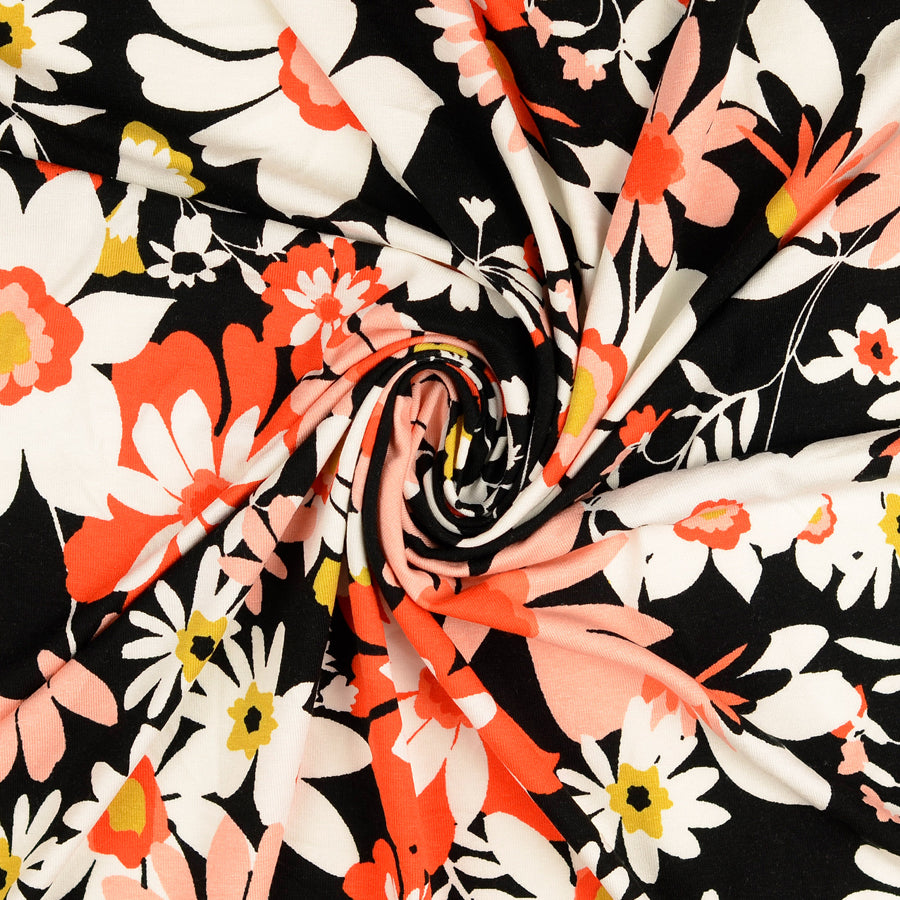 Rosie Posie Upsy Daisy Viscose Elastane Black Floral Dress Fabric Twist