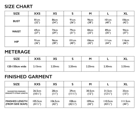 Sadie dress size chart