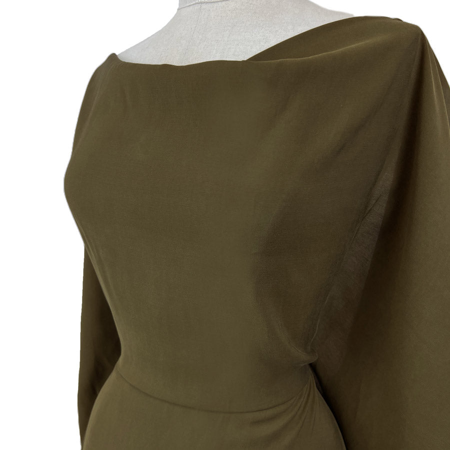 Sandwashed Olive Polyester Viscose Blend Dressmaking Fabric Side