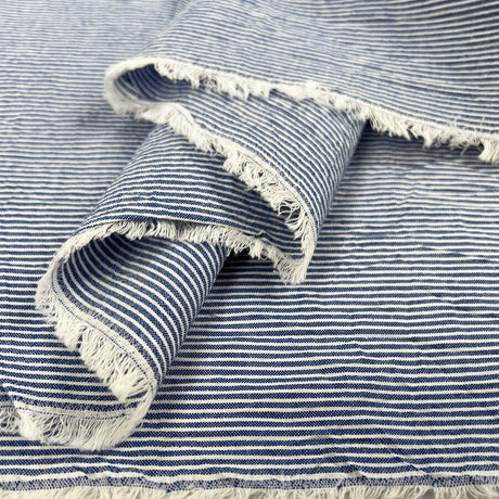 Seaside Seersucker Dark Blue White Cotton Stripe Woven Dress Fabric Fold