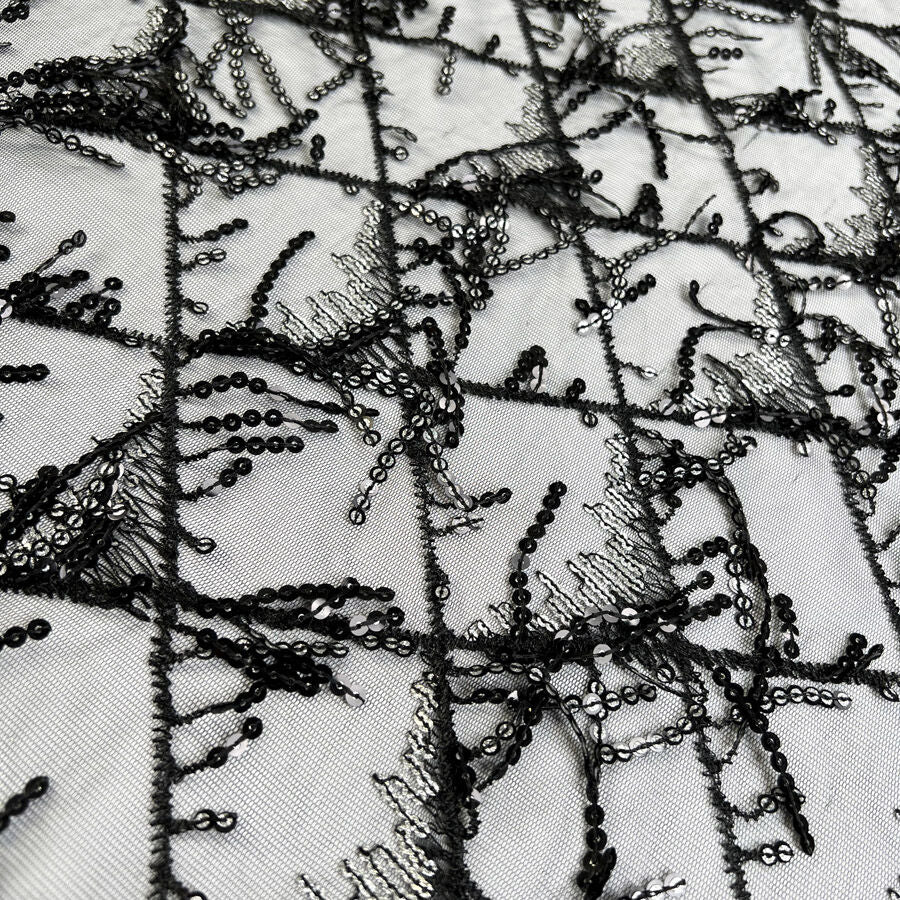 Sequin Lace Gatsby Polyester Black Silver Square Net Dress Fabric