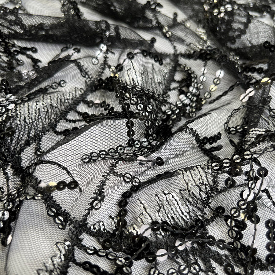 Sequin Lace Gatsby Polyester Black Silver Square Net Dress Fabric