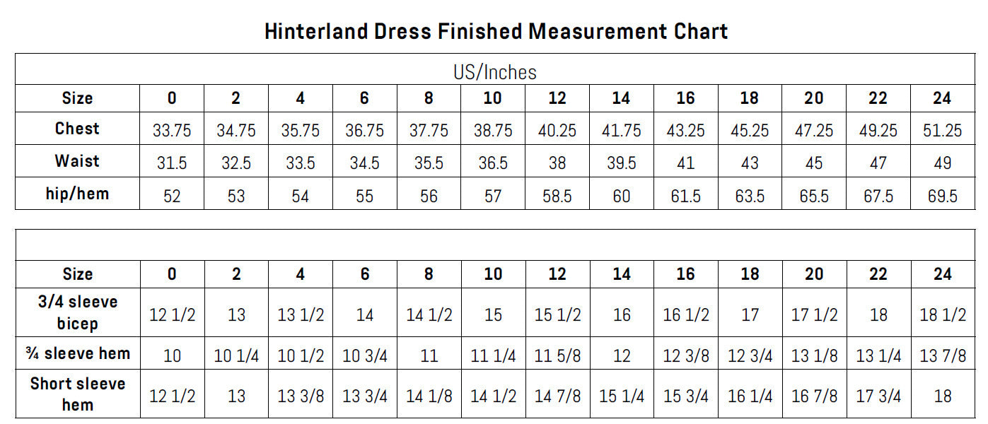 Sew Liberated Hinterland Dress Pattern Sizes