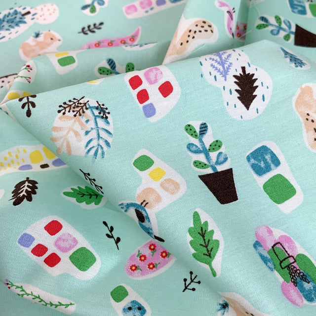 Sewing Room Flower Pot Mint Cotton Fabric Cu