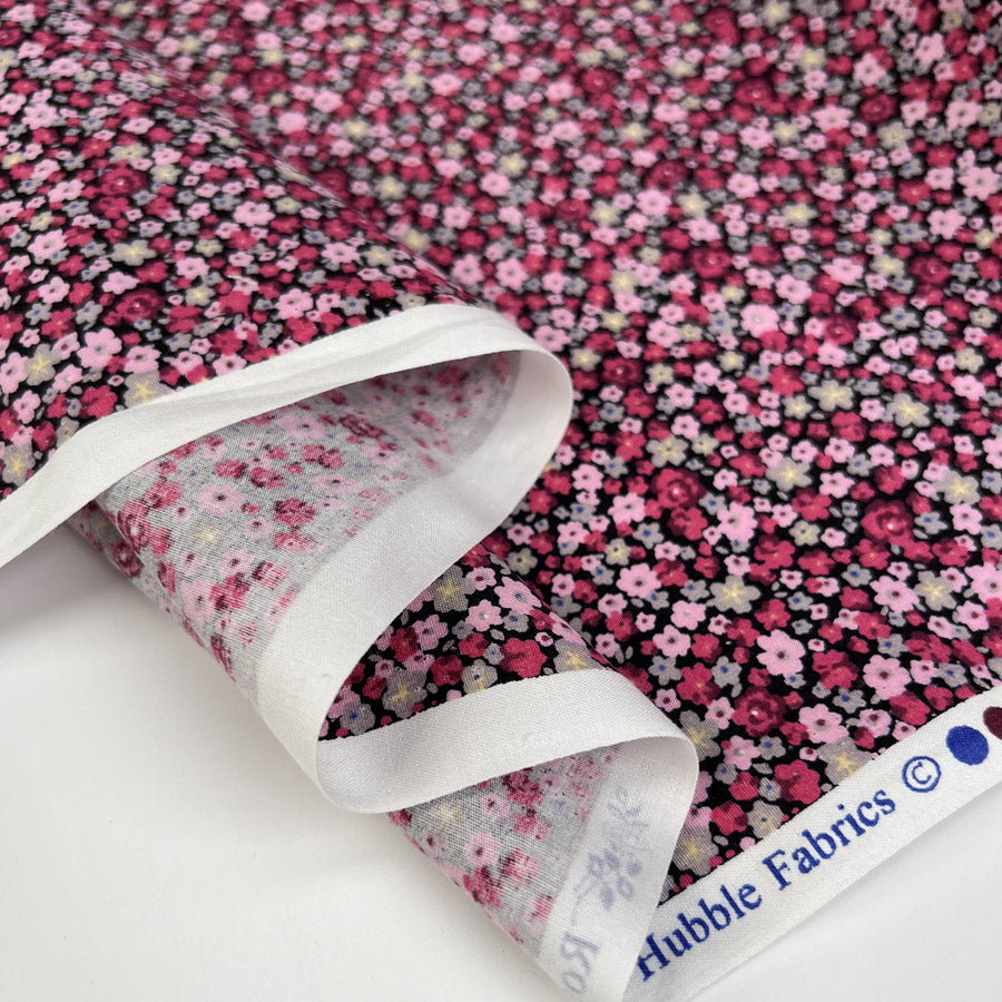 Sewing Room Alora Cotton Poplin Floral Small Pink Black Dress Fabric Fold