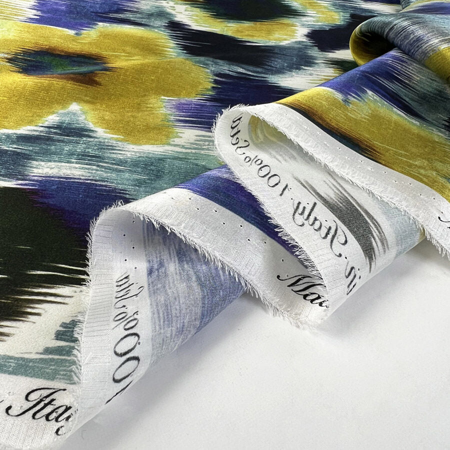 Sicilian Summer Silk Italian Deadstock Floral Blue Yellow Watercolour Dress Fabric Fold