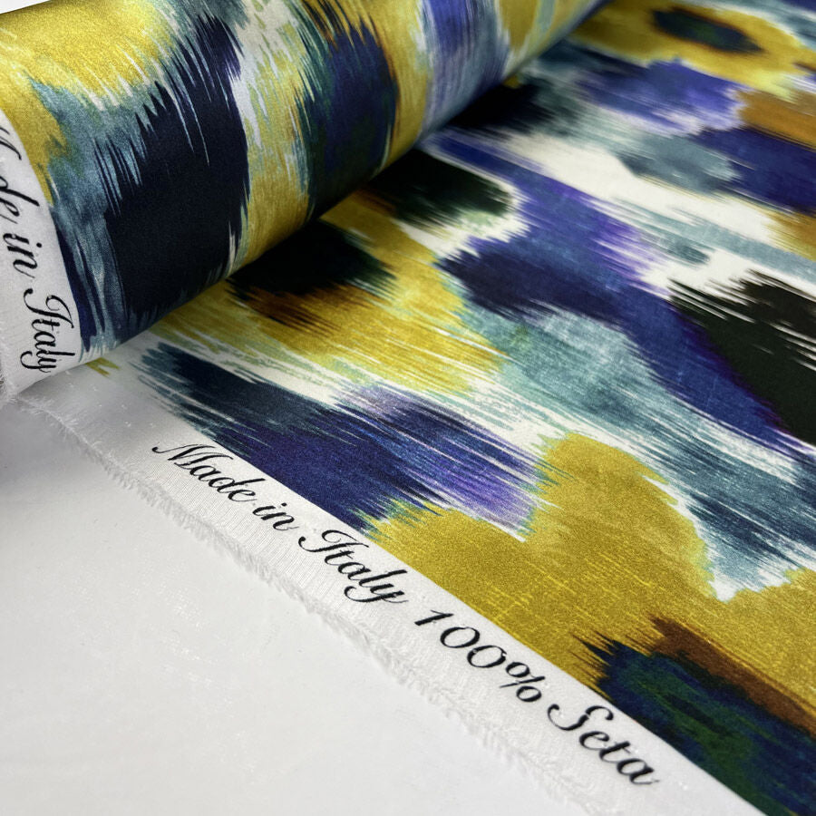 Sicilian Summer Silk Italian Deadstock Floral Blue Yellow Watercolour Dress Fabric Roll