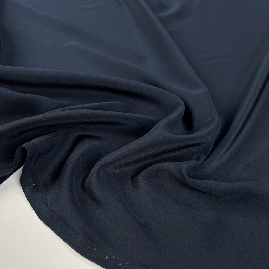 Silk Crepe De Chine Navy Italian Ex Designer Plain Woven Deadstock Dress Fabric