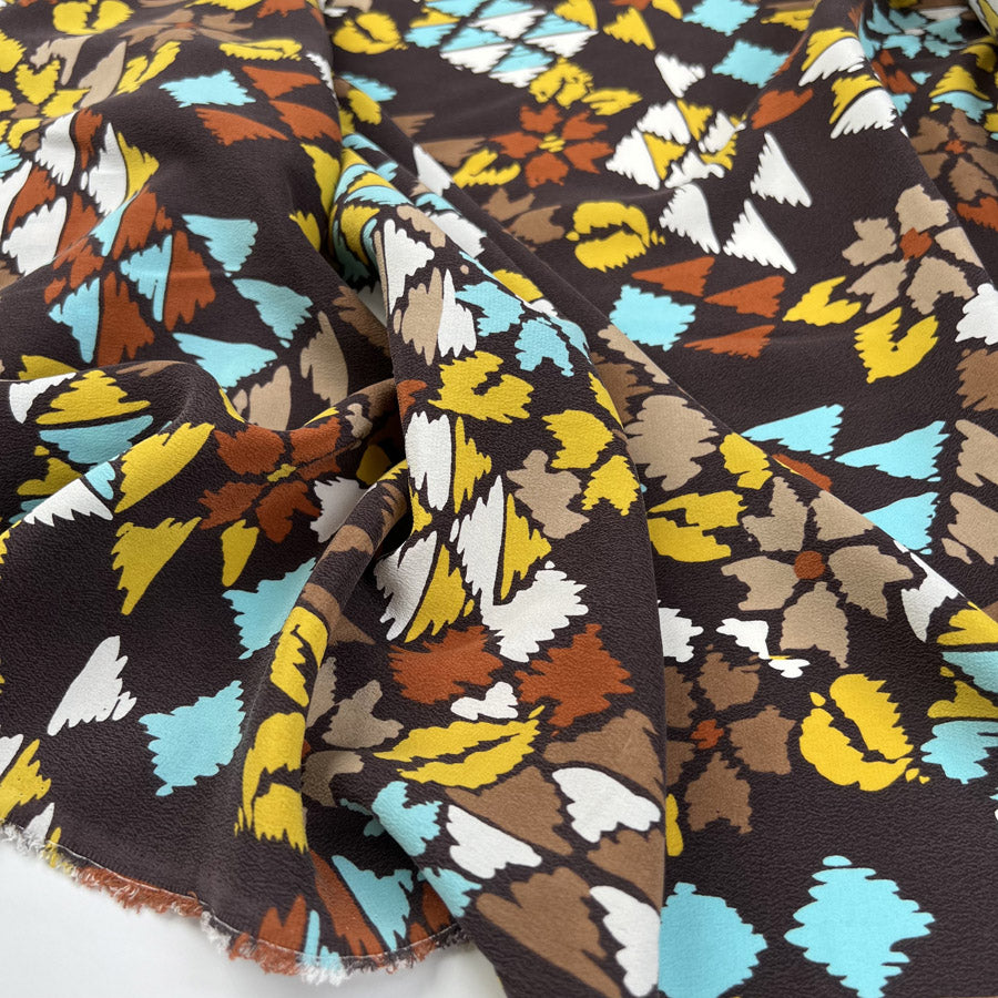 Silks Of Italy Boho Brown Blue Yellow White Abstract Italian Deadstock Dress Fabric