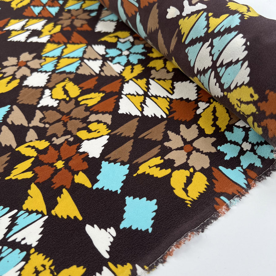 Silks Of Italy Boho Brown Blue Yellow White Abstract Italian Deadstock Dress Fabric Roll