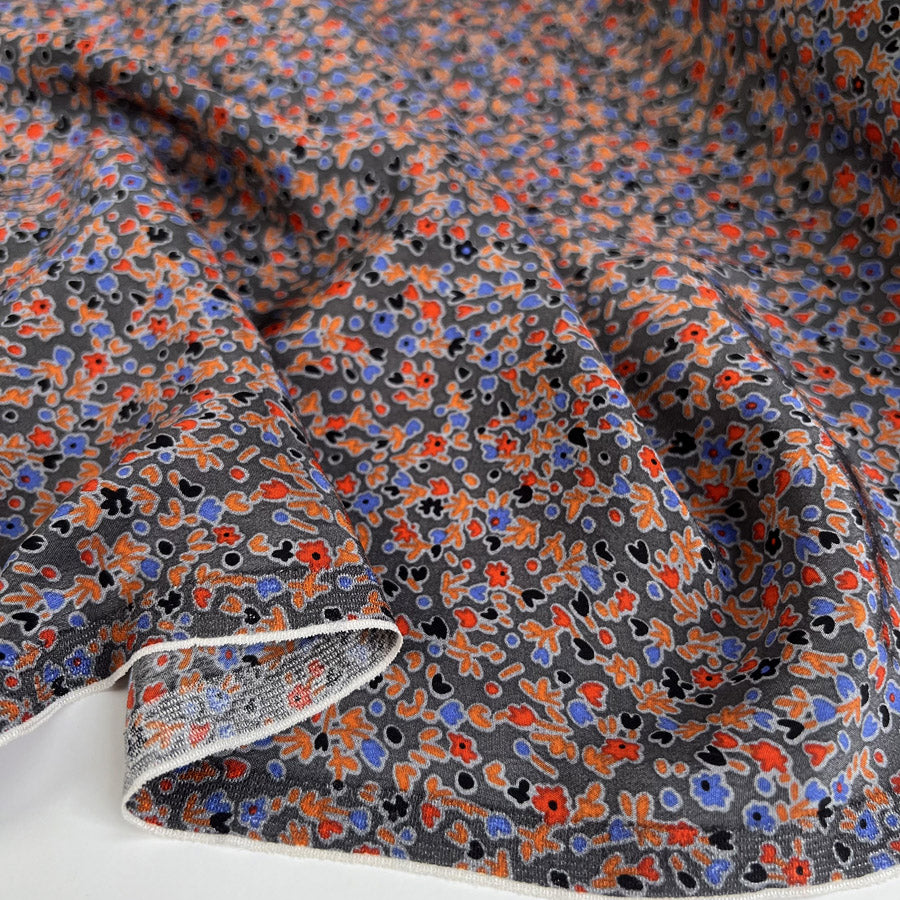 Silks Of Italy Floret Dusk Small Floral Grey Blue Red Italian Deadstock Dress Fabric