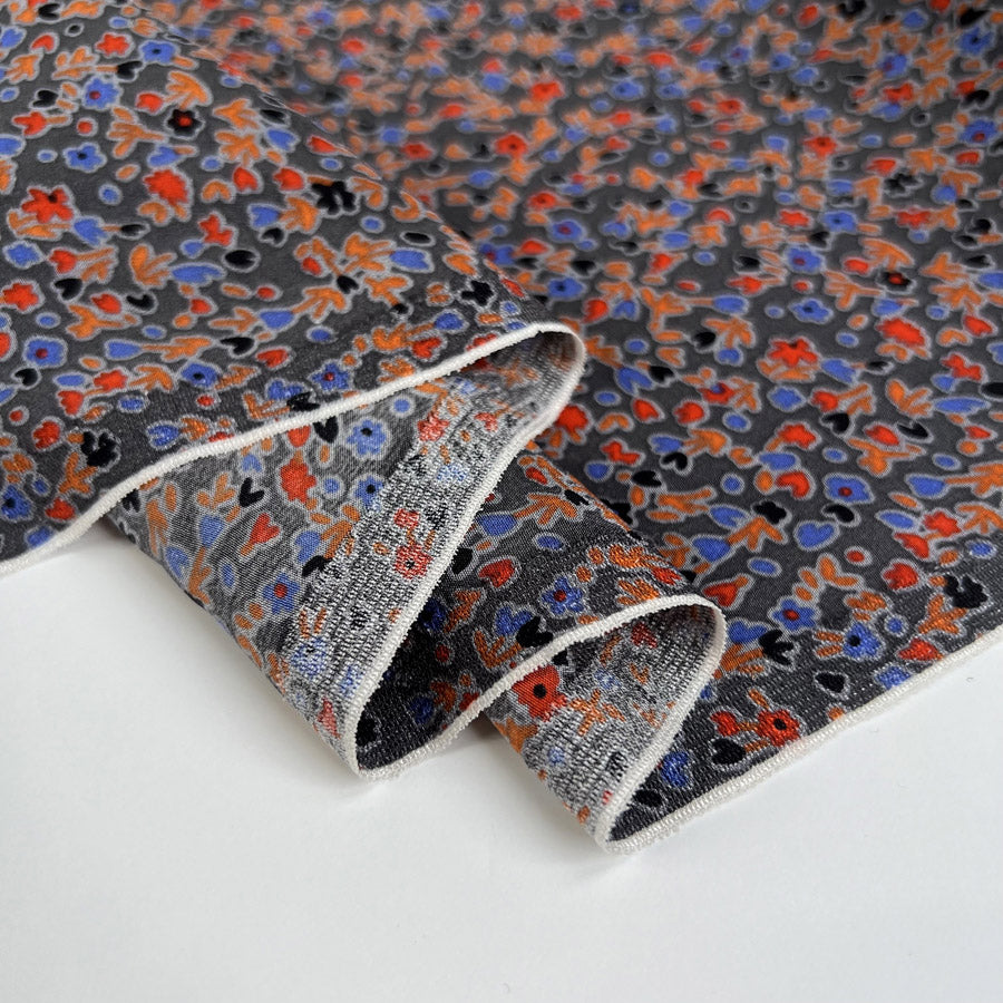 Silks Of Italy Floret Dusk Small Floral Grey Blue Red Italian Deadstock Dress Fabric Fold