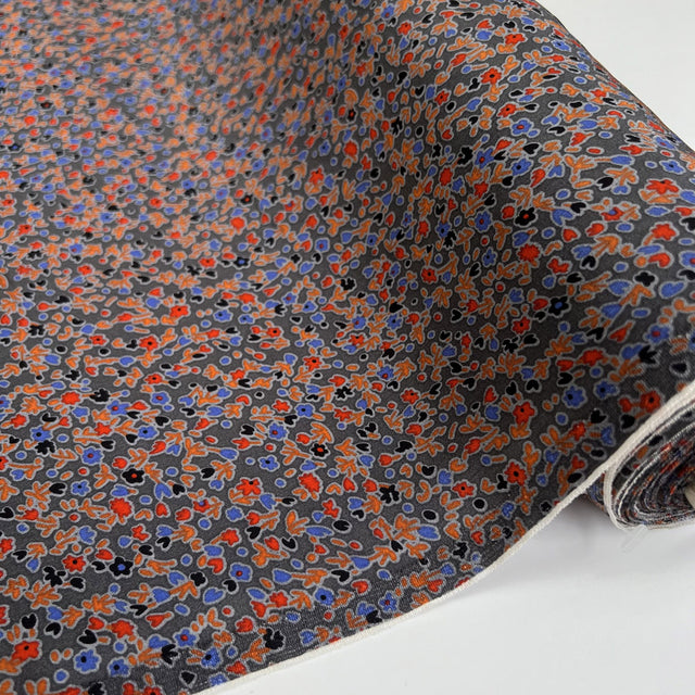 Silks Of Italy Floret Dusk Small Floral Grey Blue Red Italian Deadstock Dress Fabric Roll