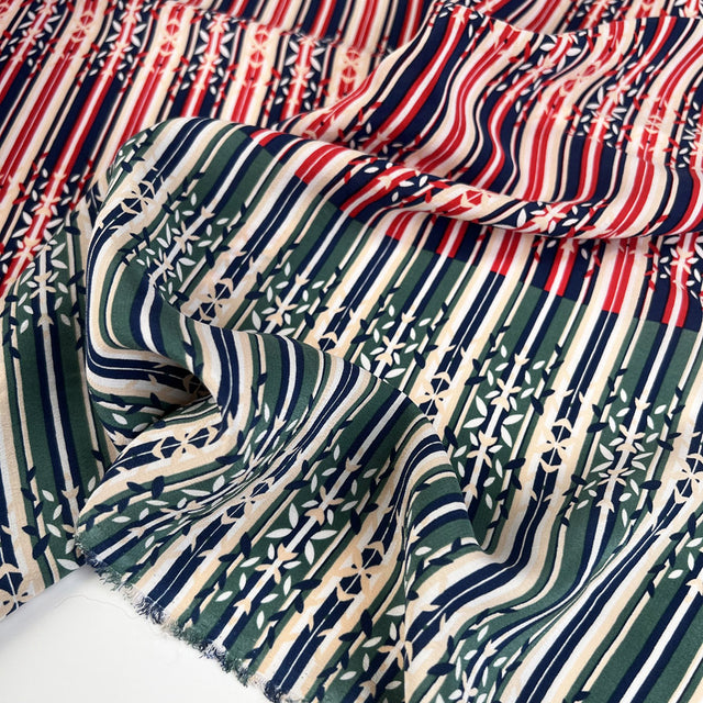 Silks Of Italy Ornate Stripes Blue Red Italian Deadstock Dress Fabric