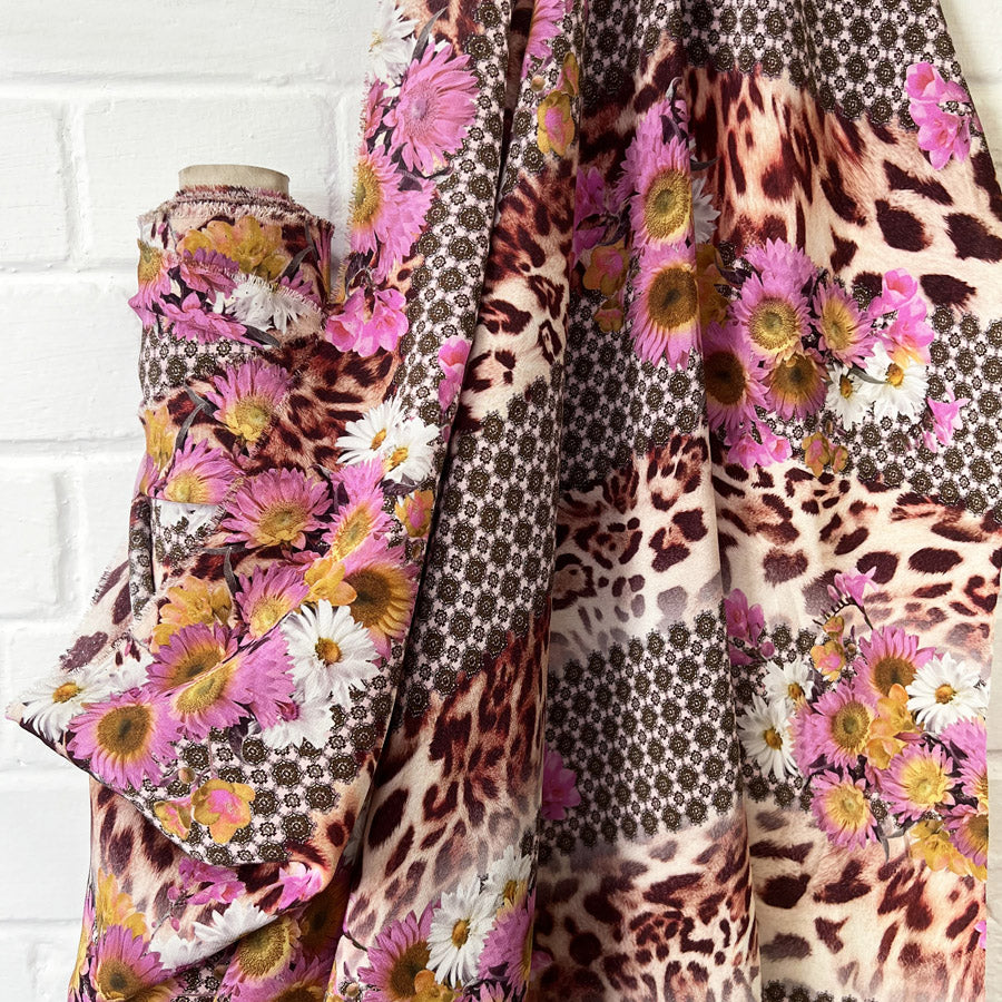 Silks Of Italy Wildflower Jungle Deadstock Italian Pink Floral Animal Print Dress Fabric Hang