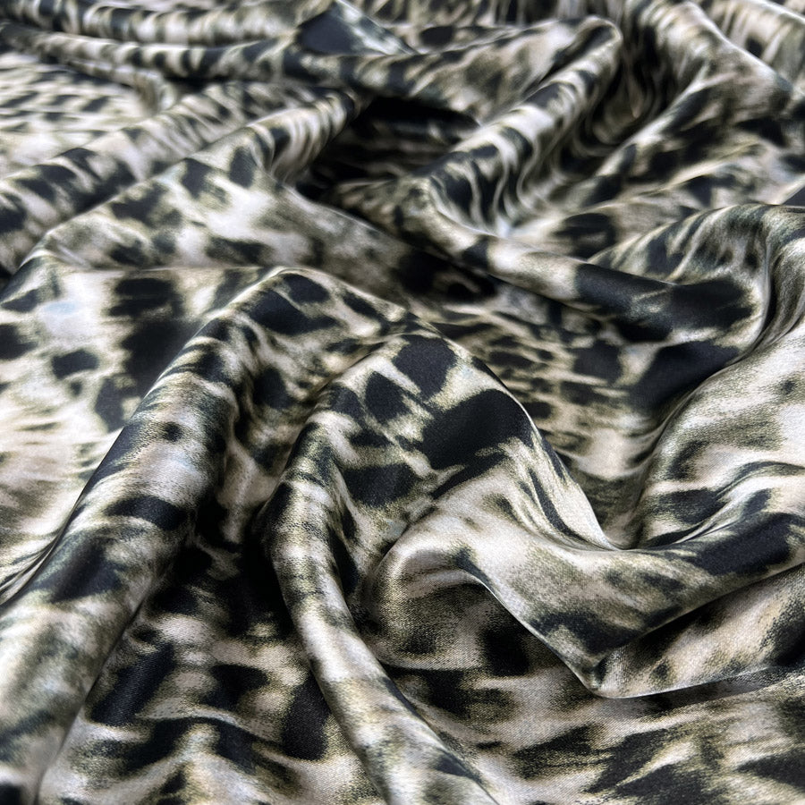 Silky Satin Animal Olive Leopard Print Polyester Spandex Dress Fabric