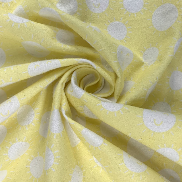 Sleep Tight Sunshine Brushed Cotton Winceyette Wide White Sunshines On A Yellow Background Fold