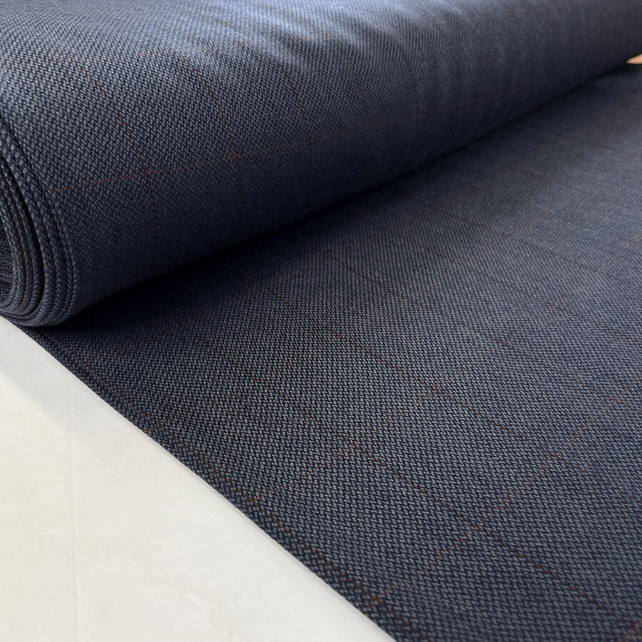 Smarty Pants British Wool Navy Blue Check Grey Woven Suiting Fabric Bolt 1